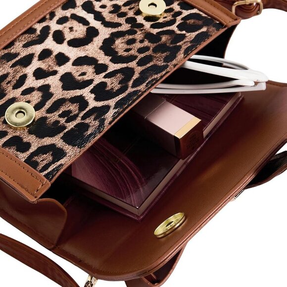 Women's Faux Leather Leopard Crossbody Bag Top Handle Square Flap Handbag - Picture 5 of 5